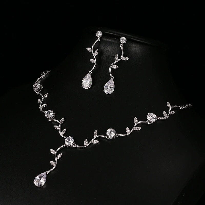14K Gold Plated Bridal 3 PC Necklace Jewelry Set, Crystal Necklace, Wedding Floral Necklace and Tassel Earrings - KaleaBoutique.com