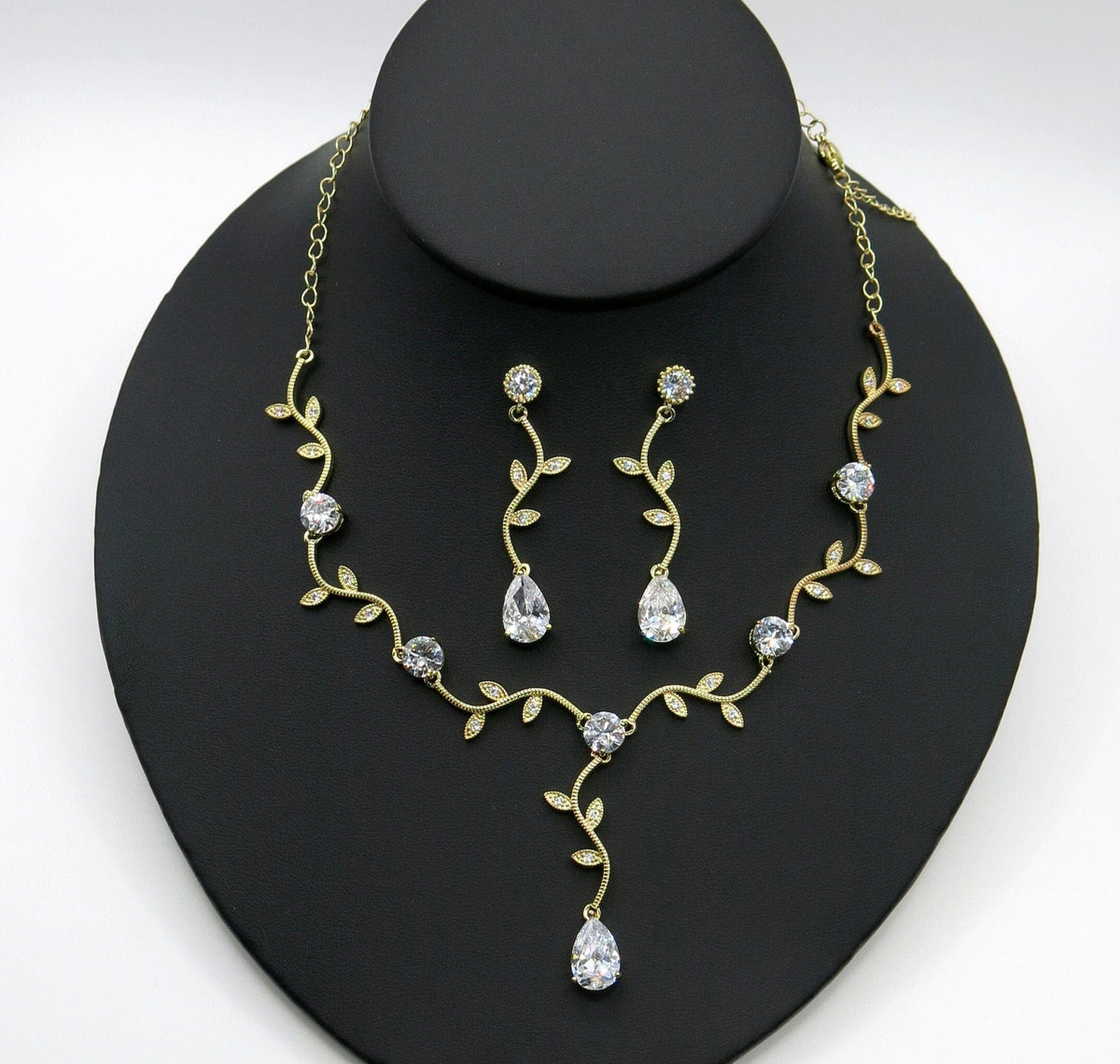 14K Gold Plated Bridal 3 PC Necklace Jewelry Set, Crystal Necklace, Wedding Floral Necklace and Tassel Earrings - KaleaBoutique.com