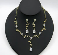 14K Gold Plated Bridal 3 PC Necklace Jewelry Set, Crystal Necklace, Wedding Floral Necklace and Tassel Earrings - KaleaBoutique.com