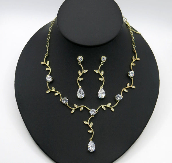 14K Gold Plated Bridal 3 PC Necklace Jewelry Set, Crystal Necklace, Wedding Floral Necklace and Tassel Earrings - KaleaBoutique.com