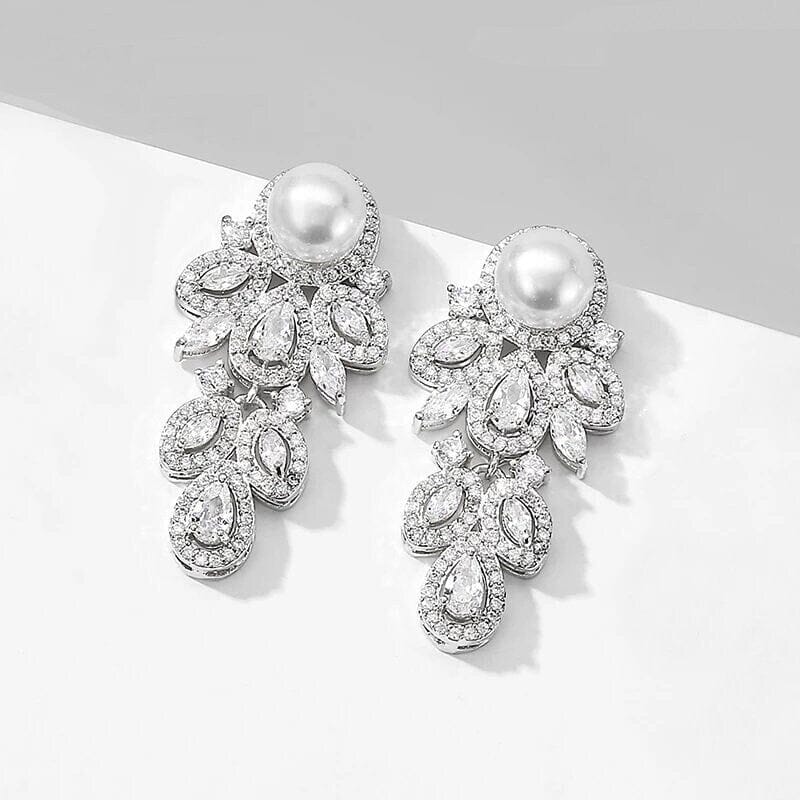 14K Gold Plated Bridal Pearl Studs, CZ Diamond Crystal Studded Earrings, Bridal Leaf Earrings, Wedding Bridesmaid Crystal Stud Pearl Earrings - KaleaBoutique.com