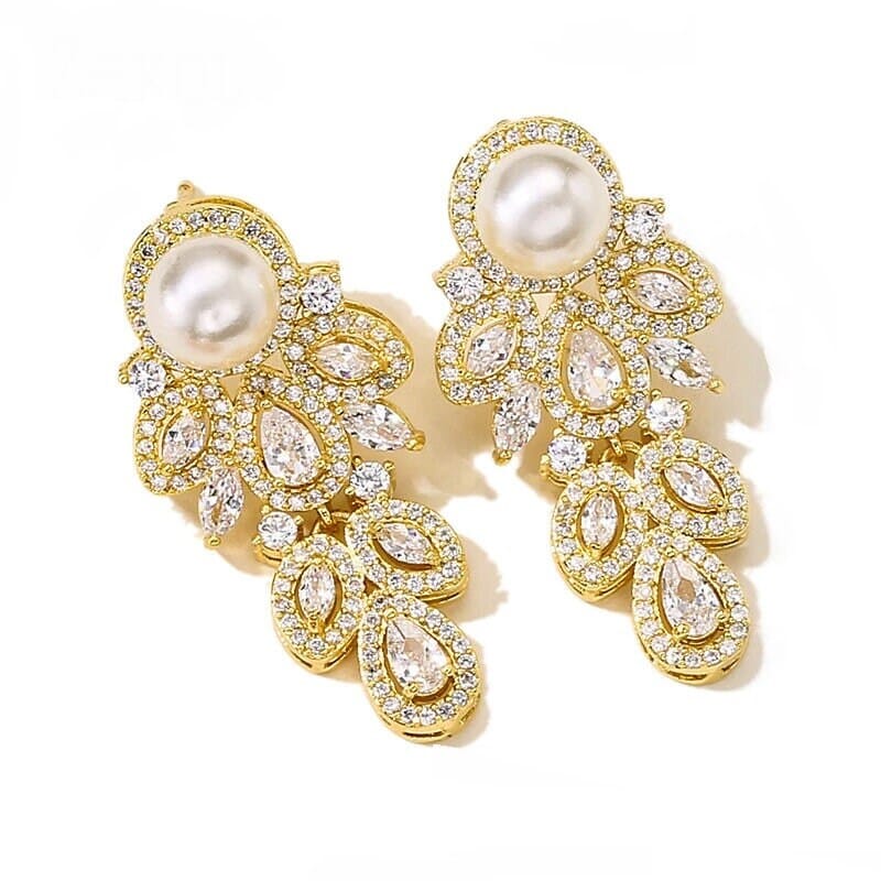 14K Gold Plated Bridal Pearl Studs, CZ Diamond Crystal Studded Earrings, Bridal Leaf Earrings, Wedding Bridesmaid Crystal Stud Pearl Earrings - KaleaBoutique.com