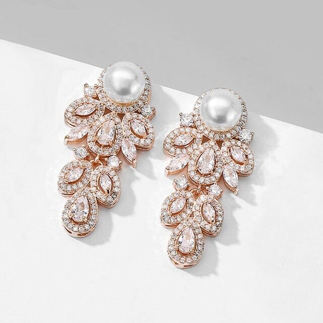 14K Gold Plated Bridal Pearl Studs, Diamond Crystal Studded Earrings, Bridal Leaf Earrings, Wedding Bridesmaid Diamond Stud Pearl Earrings - KaleaBoutique.com
