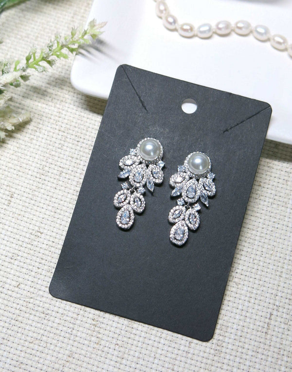 14K Gold Plated Bridal Pearl Studs, CZ Diamond Crystal Studded Earrings, Bridal Leaf Earrings, Wedding Bridesmaid Crystal Stud Pearl Earrings - KaleaBoutique.com