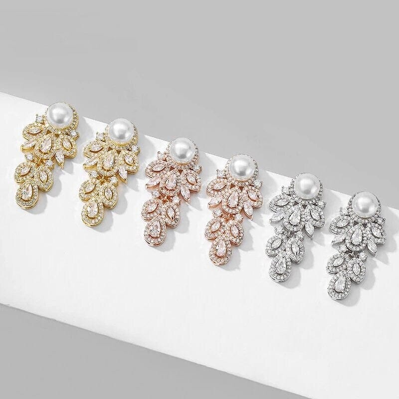 14K Gold Plated Bridal Pearl Studs, CZ Diamond Crystal Studded Earrings, Bridal Leaf Earrings, Wedding Bridesmaid Crystal Stud Pearl Earrings - KaleaBoutique.com
