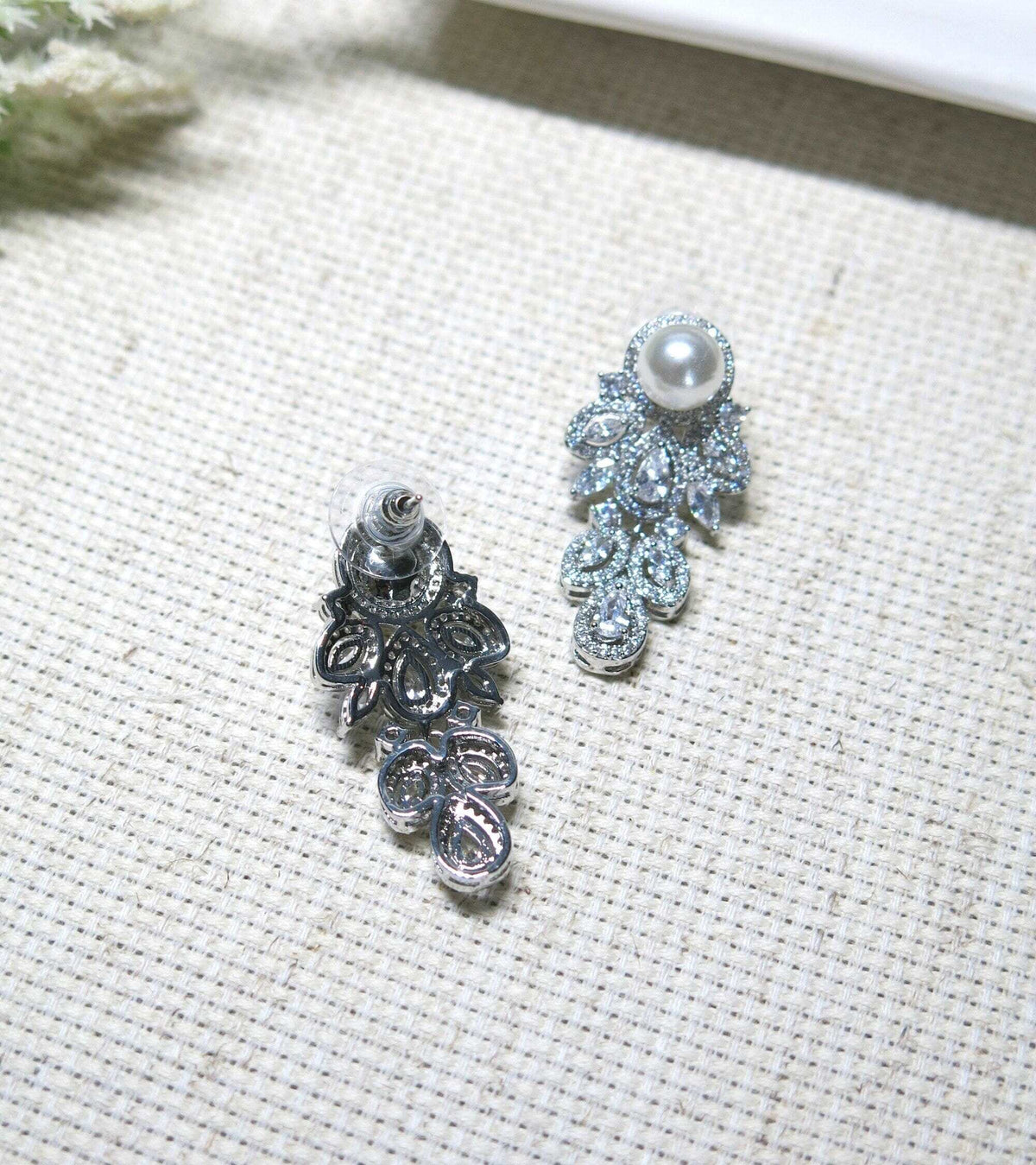 14K Gold Plated Bridal Pearl Studs, CZ Diamond Crystal Studded Earrings, Bridal Leaf Earrings, Wedding Bridesmaid Crystal Stud Pearl Earrings - KaleaBoutique.com