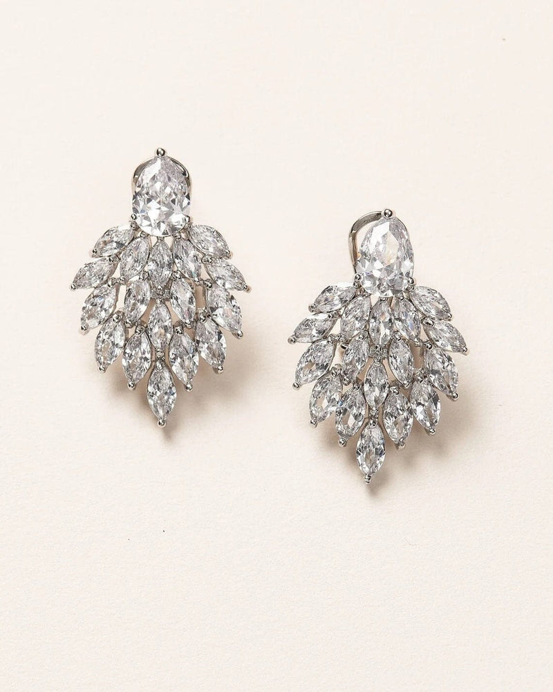 14K Gold Plated Cluster Crystal Earrings, Large Wedding Leaf Studs, Bridal Omega Latch Back Earrings, Bridesmaid CZ Crystal Earrings - KaleaBoutique.com