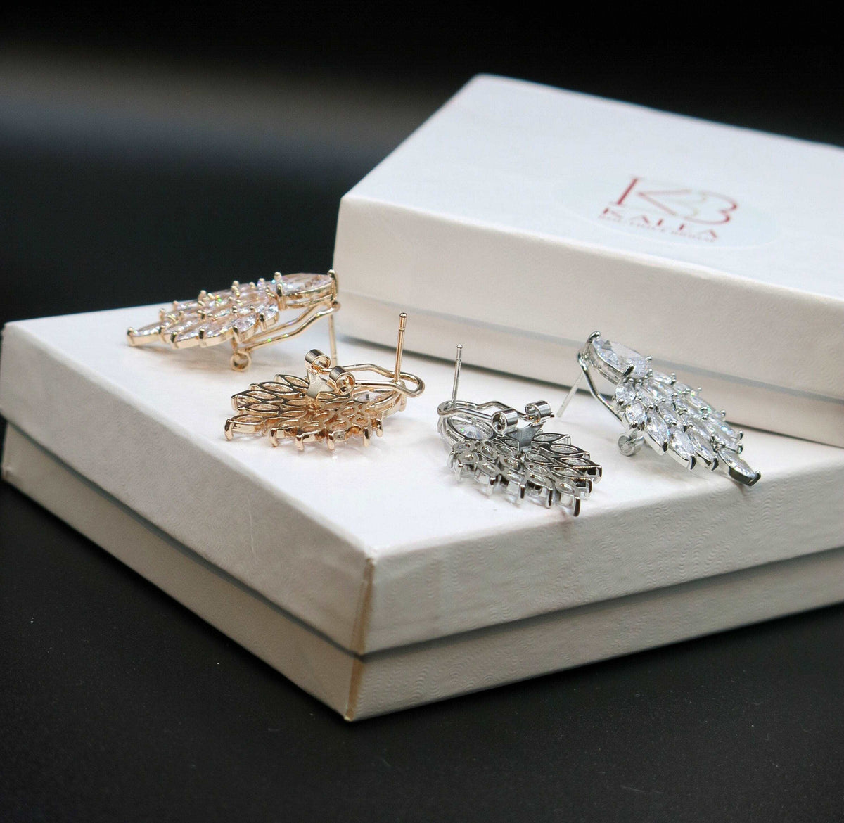 14K Gold Plated Cluster Crystal Earrings, Large Wedding Leaf Studs, Bridal Omega Latch Back Earrings, Bridesmaid CZ Crystal Earrings - KaleaBoutique.com