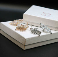 14K Gold Plated Cluster Crystal Earrings, Large Wedding Leaf Studs, Bridal Omega Latch Back Earrings, Bridesmaid CZ Crystal Earrings - KaleaBoutique.com