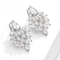 14K Gold Plated Cluster Crystal Earrings, Large Wedding Leaf Studs, Bridal Omega Latch Back Earrings, Bridesmaid CZ Crystal Earrings - KaleaBoutique.com