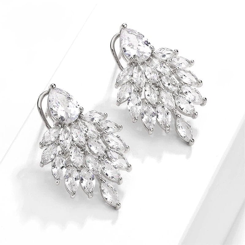 14K Gold Plated Cluster Crystal Earrings, Large Wedding Leaf Studs, Bridal Omega Latch Back Earrings, Bridesmaid CZ Crystal Earrings - KaleaBoutique.com