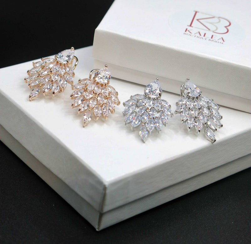 14K Gold Plated Cluster Crystal Earrings, Large Wedding Leaf Studs, Bridal Omega Latch Back Earrings, Bridesmaid CZ Crystal Earrings - KaleaBoutique.com