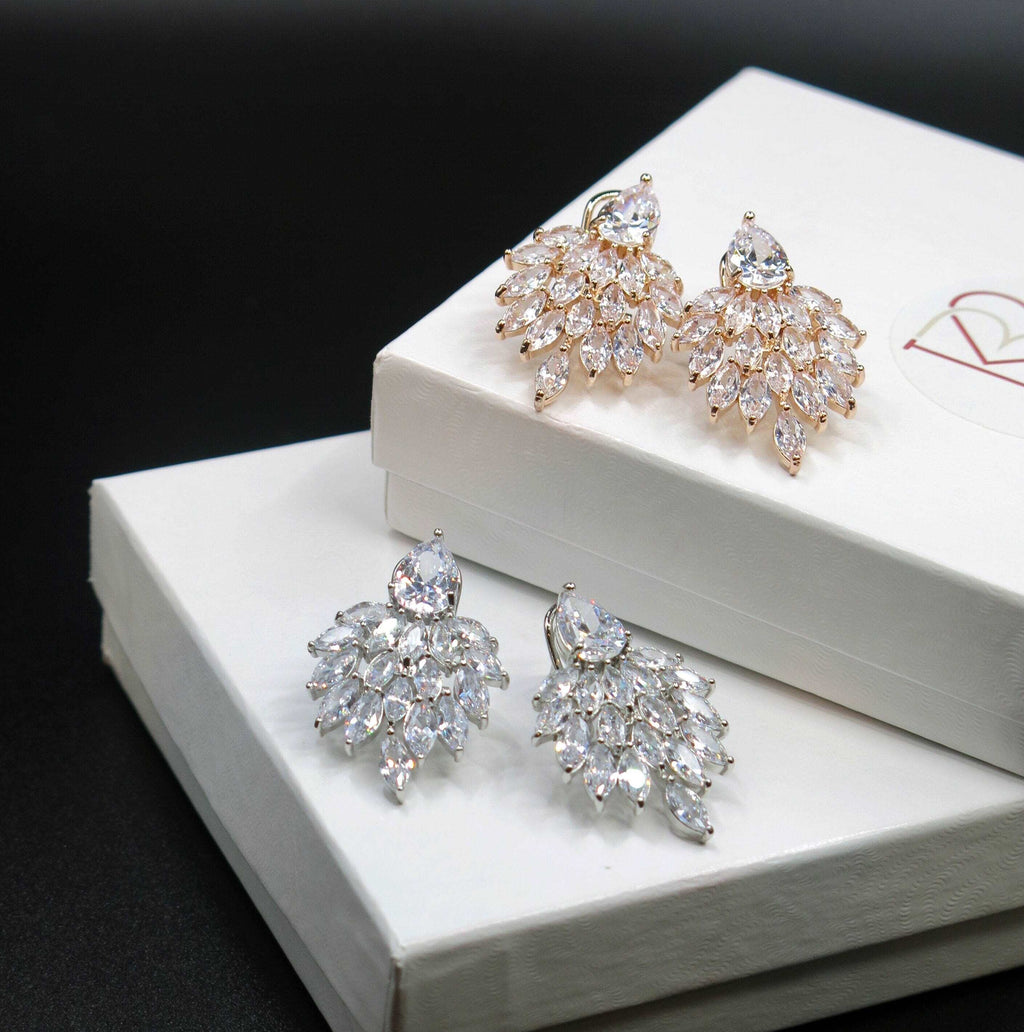 14K Gold Plated Cluster Crystal Earrings, Large Wedding Leaf Studs, Bridal Omega Latch Back Earrings, Bridesmaid CZ Crystal Earrings - KaleaBoutique.com