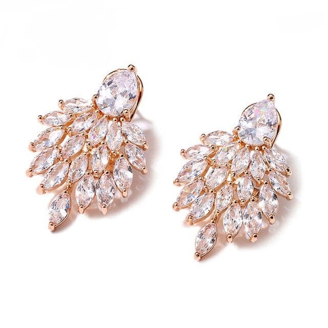 14K Gold Plated Cluster Crystal Earrings, Large Wedding Leaf Studs, Bridal Omega Latch Back Earrings, Bridesmaid CZ Diamond Studded Earrings - KaleaBoutique.com