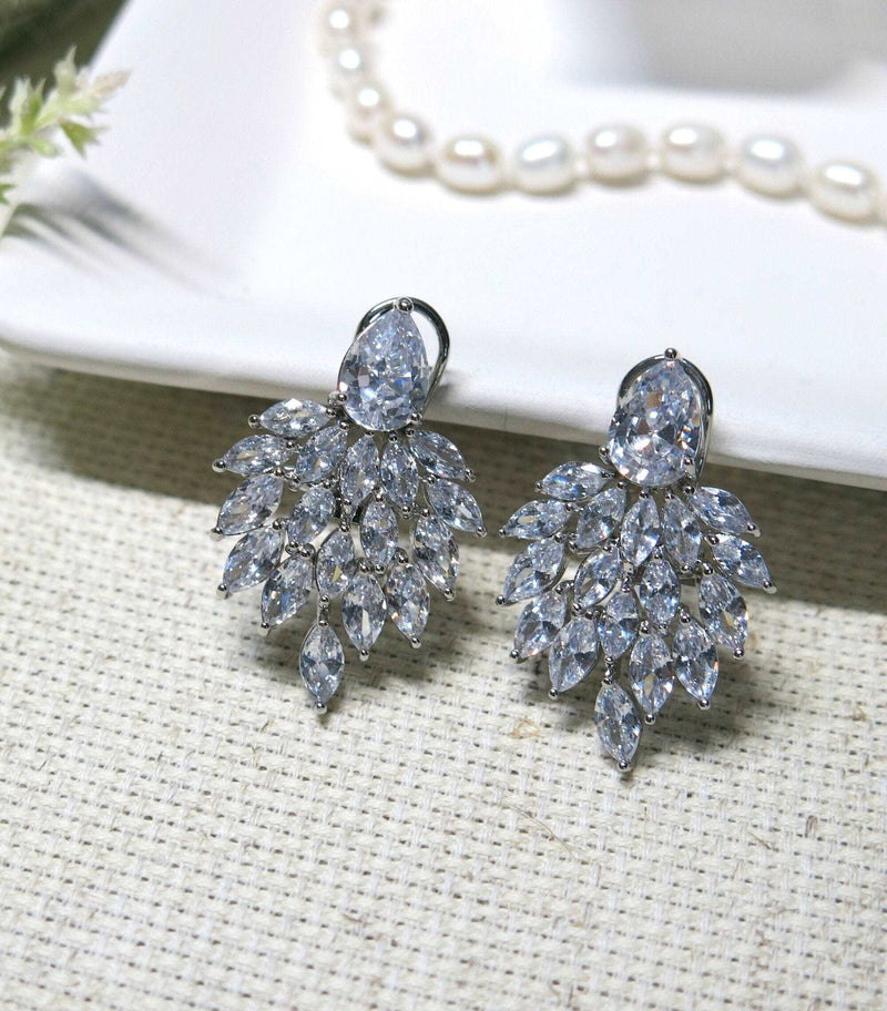 14K Gold Plated Cluster Crystal Earrings, Large Wedding Leaf Studs, Bridal Omega Latch Back Earrings, Bridesmaid CZ Crystal Earrings - KaleaBoutique.com