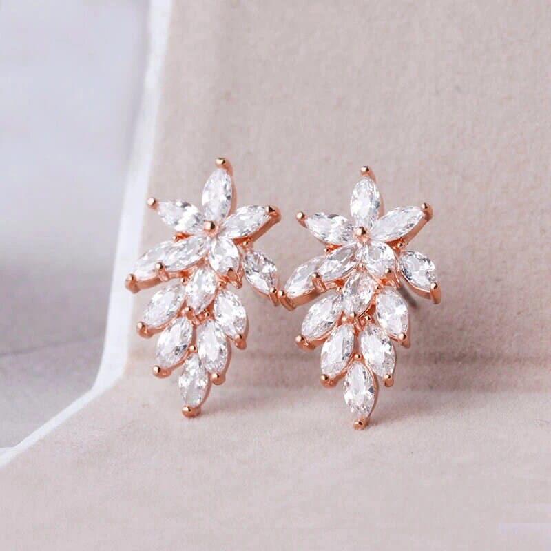 14K Gold Plated Crystal Leaf Studs, Minimalist Fashion Floral Earrings, Wedding Bridal or Bridesmaid Flower Crystal Studded CZ Earrings - KaleaBoutique.com