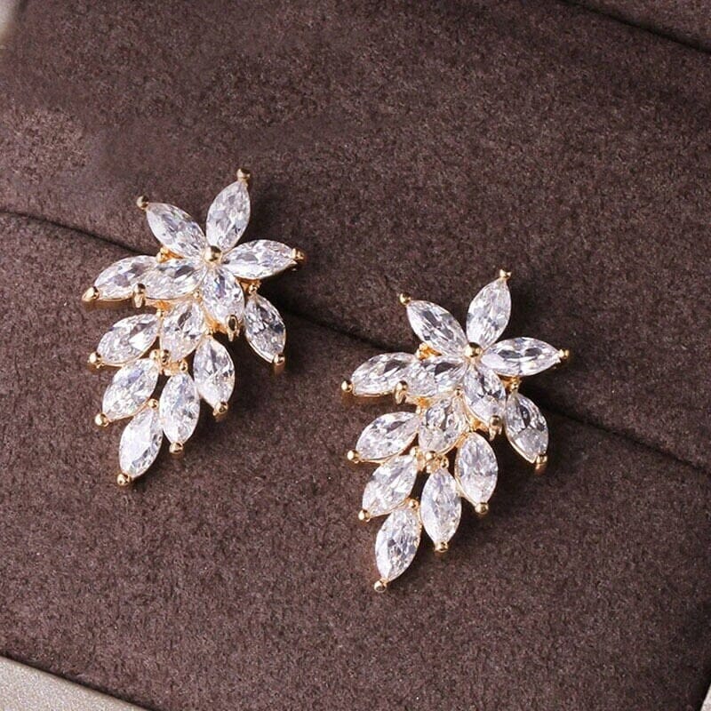 14K Gold Plated Crystal Leaf Studs, Minimalist Fashion Floral Earrings, Wedding Bridal or Bridesmaid Flower Crystal Studded CZ Earrings - KaleaBoutique.com