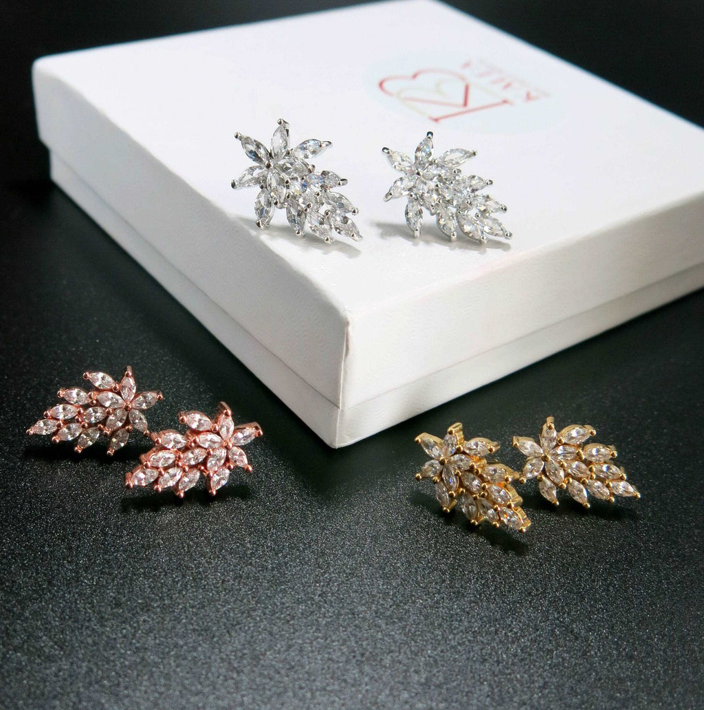 14K Gold Plated Crystal Leaf Studs, Minimalist Fashion Floral Earrings, Wedding Bridal or Bridesmaid Flower Crystal Studded CZ Earrings - KaleaBoutique.com