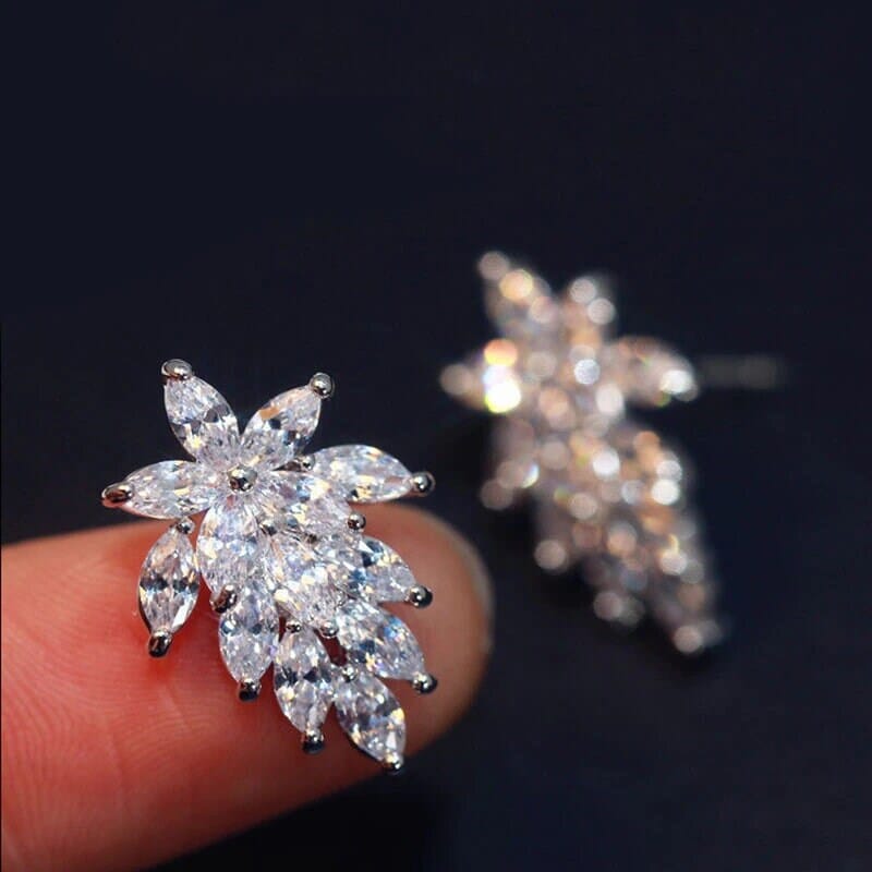 14K Gold Plated Crystal Leaf Studs, Minimalist Fashion Floral Earrings, Wedding Bridal or Bridesmaid Flower Crystal Studded CZ Earrings - KaleaBoutique.com