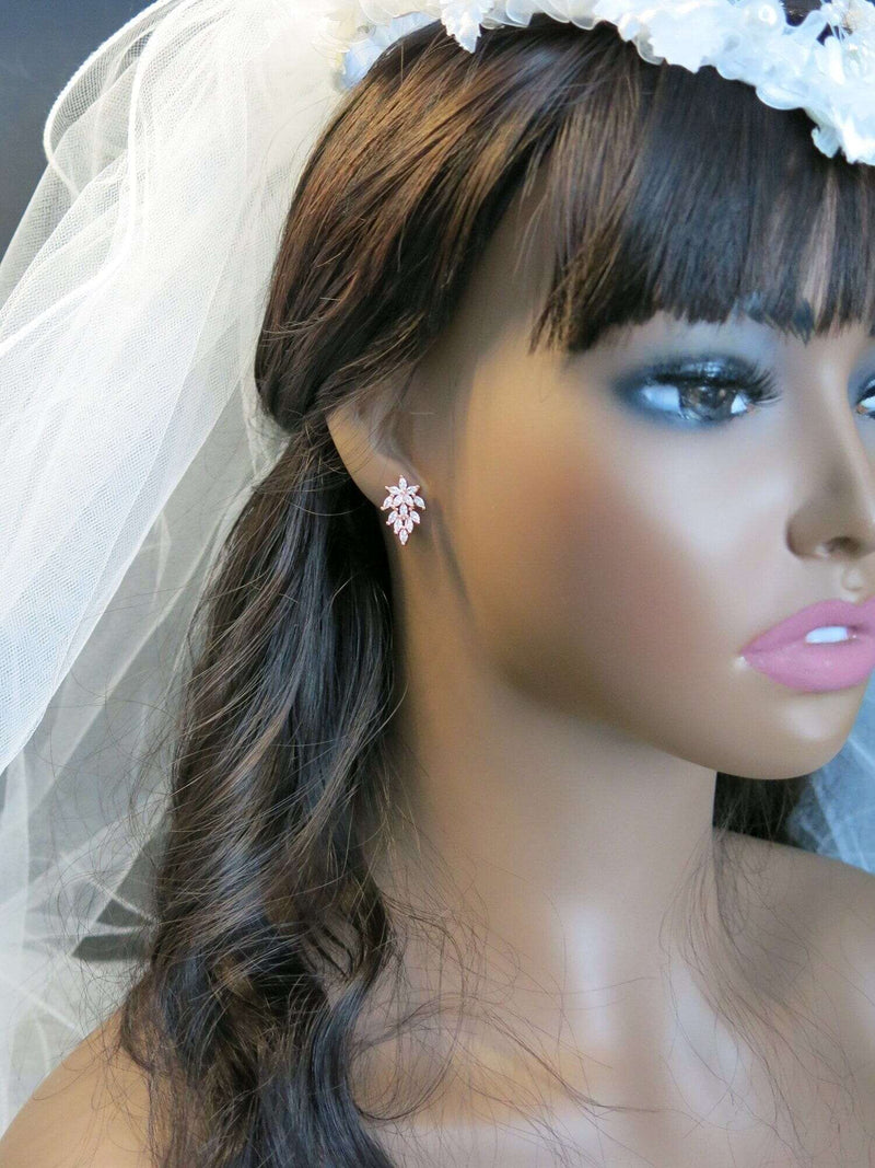 14K Gold Plated Crystal Leaf Studs, Minimalist Fashion Floral Earrings, Wedding Bridal or Bridesmaid Flower Crystal Studded CZ Earrings - KaleaBoutique.com