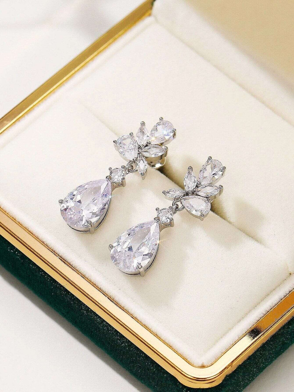 14K White Gold Crystal Teardrop Earrings, CZ Diamond Crystal Bridal Studs, Wedding Bridesmaid Crystal Earrings - KaleaBoutique.com
