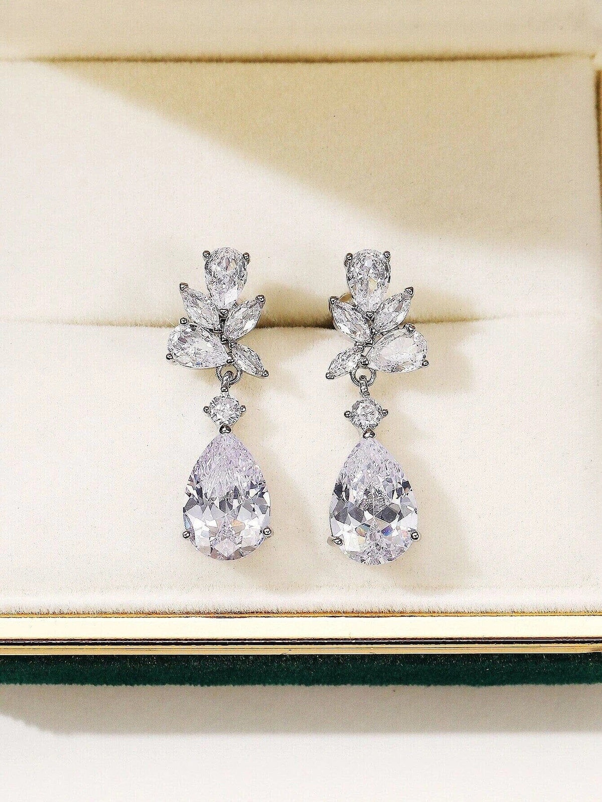 14K White Gold Crystal Teardrop Earrings, CZ Diamond Crystal Bridal Studs, Wedding Bridesmaid Crystal Earrings - KaleaBoutique.com