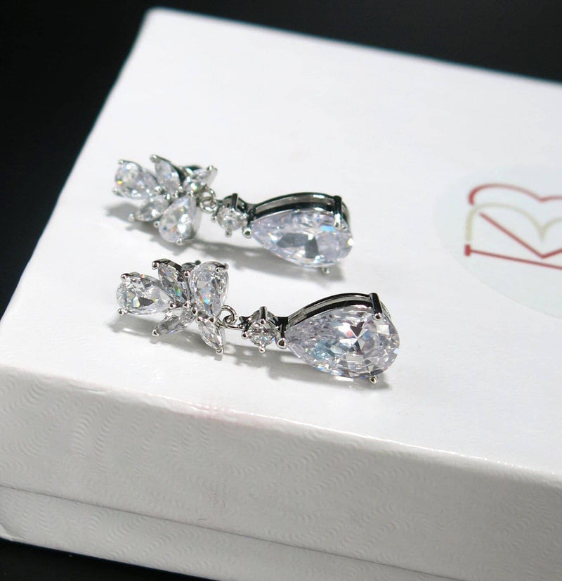 14K White Gold Crystal Teardrop Earrings, CZ Diamond Crystal Bridal Studs, Wedding Bridesmaid Crystal Earrings - KaleaBoutique.com