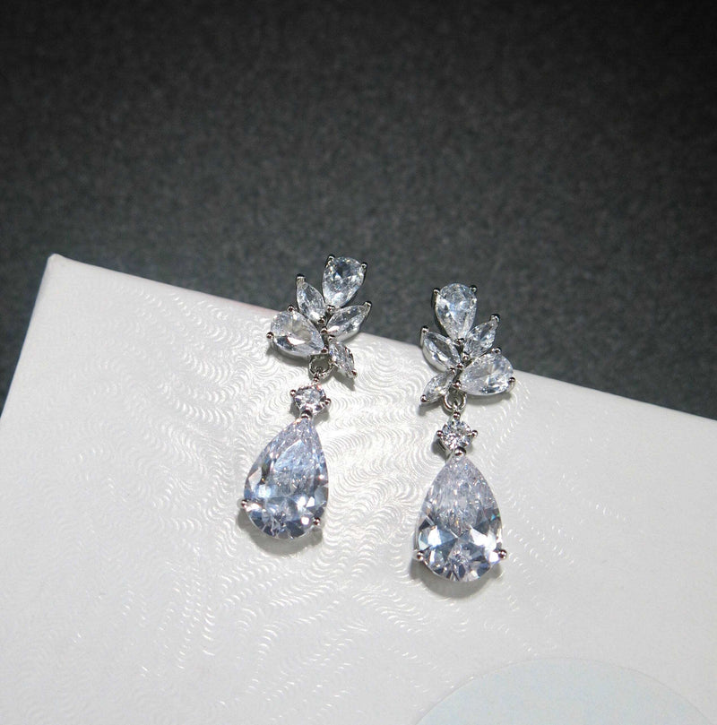 14K White Gold Crystal Teardrop Earrings, CZ Diamond Crystal Bridal Studs, Wedding Bridesmaid Crystal Earrings - KaleaBoutique.com