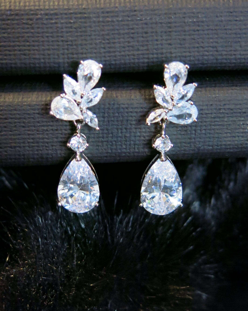 14K White Gold Crystal Teardrop Earrings, CZ Diamond Crystal Bridal Studs, Wedding Bridesmaid Crystal Earrings - KaleaBoutique.com