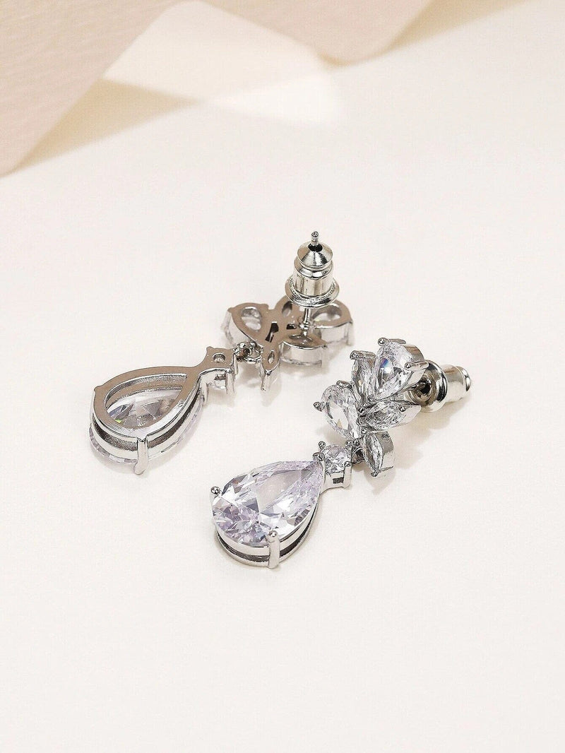 14K White Gold Crystal Teardrop Earrings, Diamond Crystal Bridal Stud Earrings, Wedding Bridesmaid Crystal Drop Studs Fashion CZ Earrings - KaleaBoutique.com