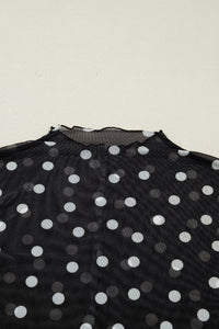 Polka Dot Patterned Bodycon Mock Neck Mesh Long Sleeve Top - KaleaBoutique.com