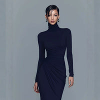 Navy Blue Stretch Turtleneck Draped Long Dress - KaleaBoutique.com