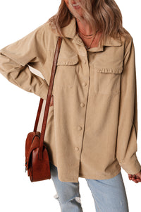 KaleaBoutique Solid Frilled Flap Pocket Button Up Corduroy Shacket - KaleaBoutique.com