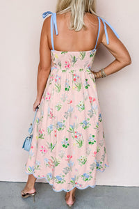 KaleaBoutique Stylish Floral Print Contrast Trim Self-tie Straps High Waist Midi Dress - KaleaBoutique.com