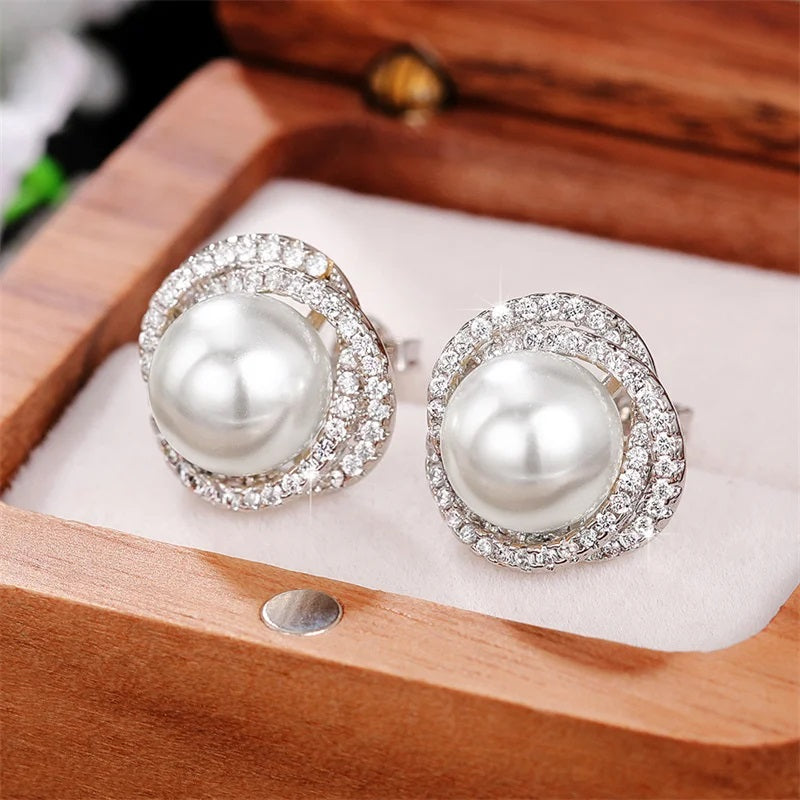 White Pearl Minimalist Ear Studs, CZ Crystal Round Faux Pearl Earrings, Wedding Pearl Earrings for Bride, Bridesmaids, Flower Girl - KaleaBoutique.com