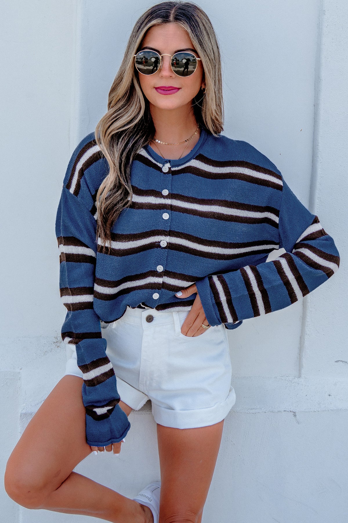 KaleaBoutique Comfortable Striped Drop Shoulder Button Cardigan - KaleaBoutique.com