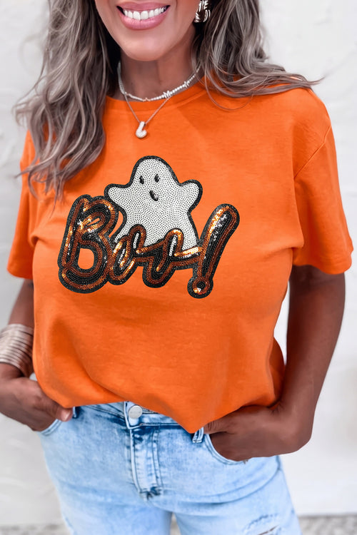 Orange Sequin Ghost Halloween Short Sleeve Graphic Tee - KaleaBoutique.com