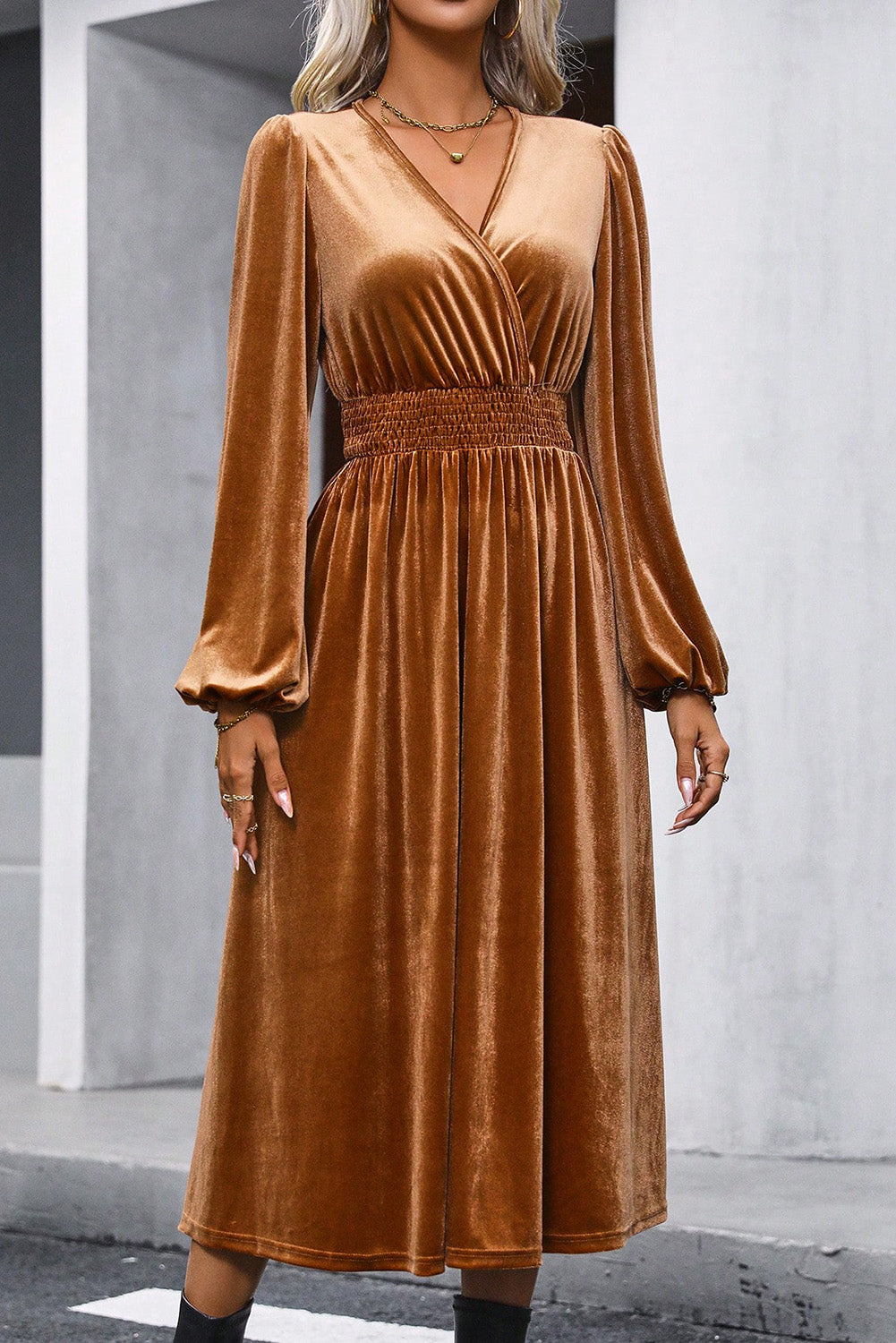 KaleaBoutique Wrap V Neck Smocked High Waist Velvet Midi Dress Camel / (US 8-10)M