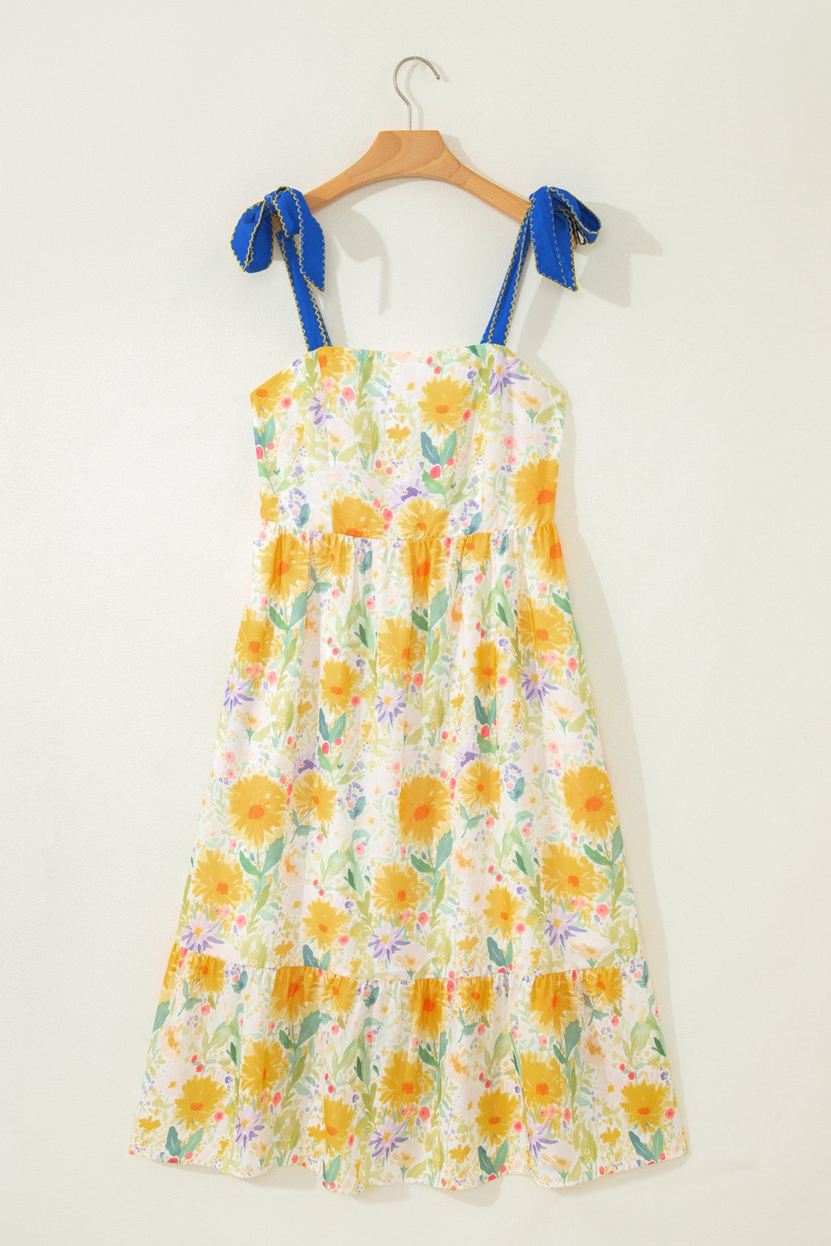KaleaBoutique Comfortable Floral Print Contrast Stitched Knot Denim Straps High Waist Dress - KaleaBoutique.com