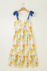 KaleaBoutique Comfortable Floral Print Contrast Stitched Knot Denim Straps High Waist Dress - KaleaBoutique.com