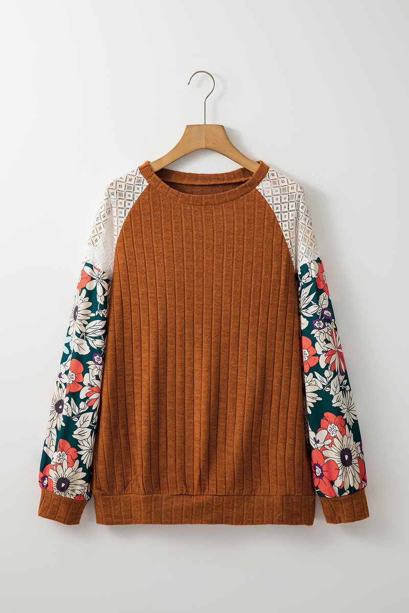 KaleaBoutique Stylish Floral Patchwork Long Sleeve Ribbed Blouse - KaleaBoutique.com