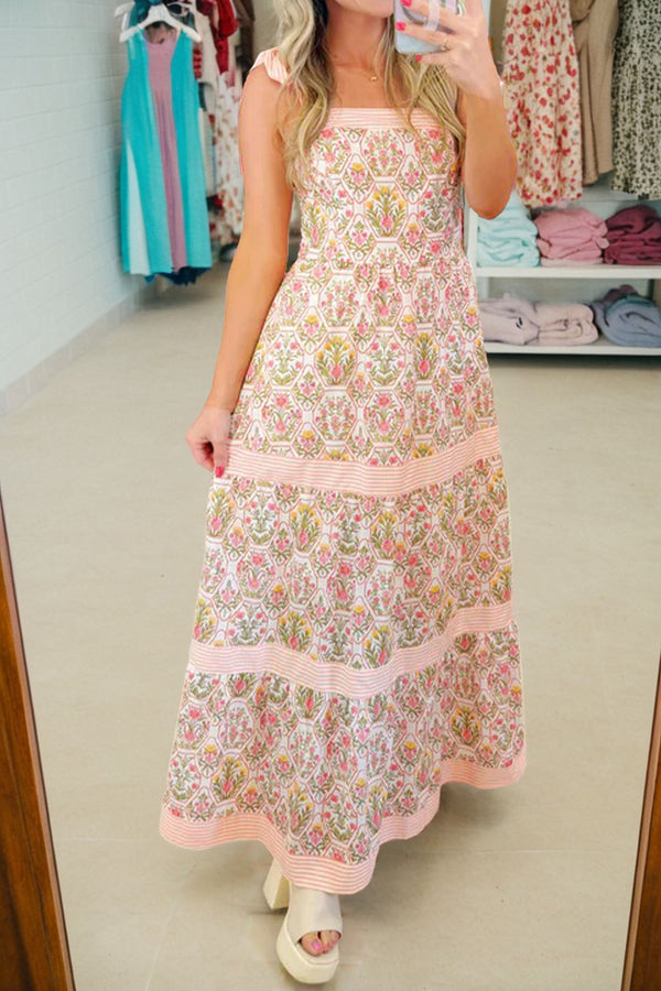 KaleaBoutique Stylish Geometric Floral Print Striped Patchwork Detail Sleeveless Dress（Runs Small ） - KaleaBoutique.com