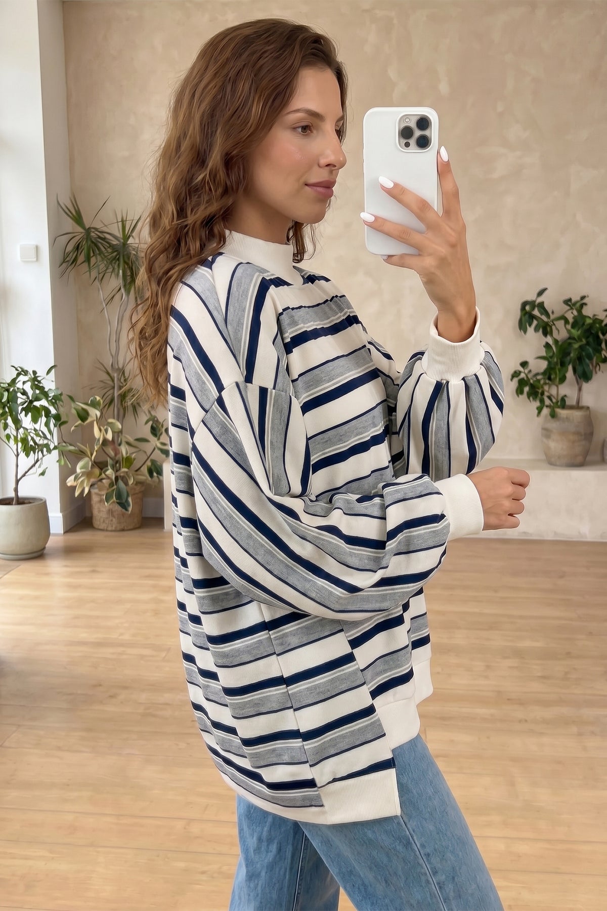 KaleaBoutique Stylish Striped Ribbed Stand Neck Long Sleeve Shift Silhouette Sweatshirt - KaleaBoutique.com