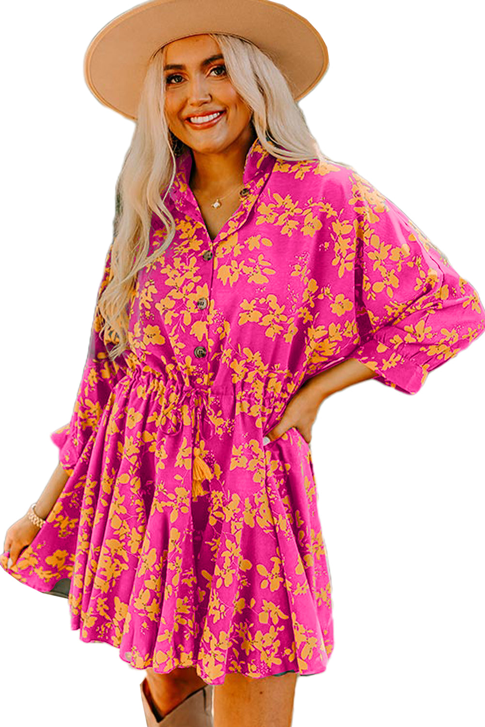 KaleaBoutique Stylish Beautiful Floral Print Drawstring Tunic Flowy Short Dress - KaleaBoutique.com