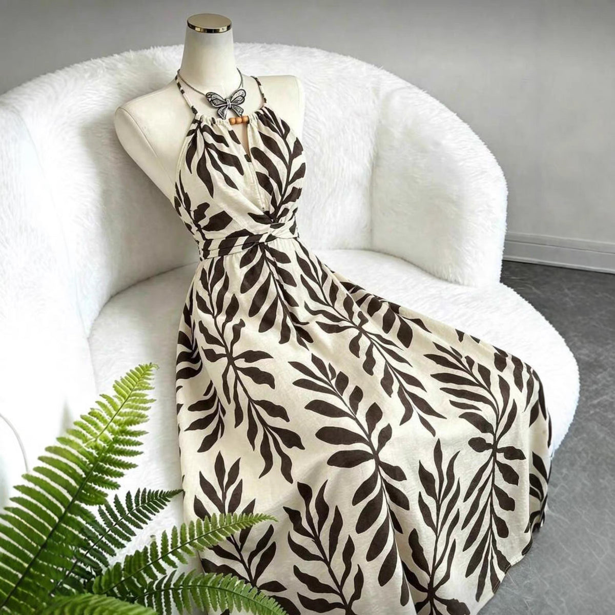 Women's Leaf-Print Beaded Halter Belted Maxi Dress - KaleaBoutique.com