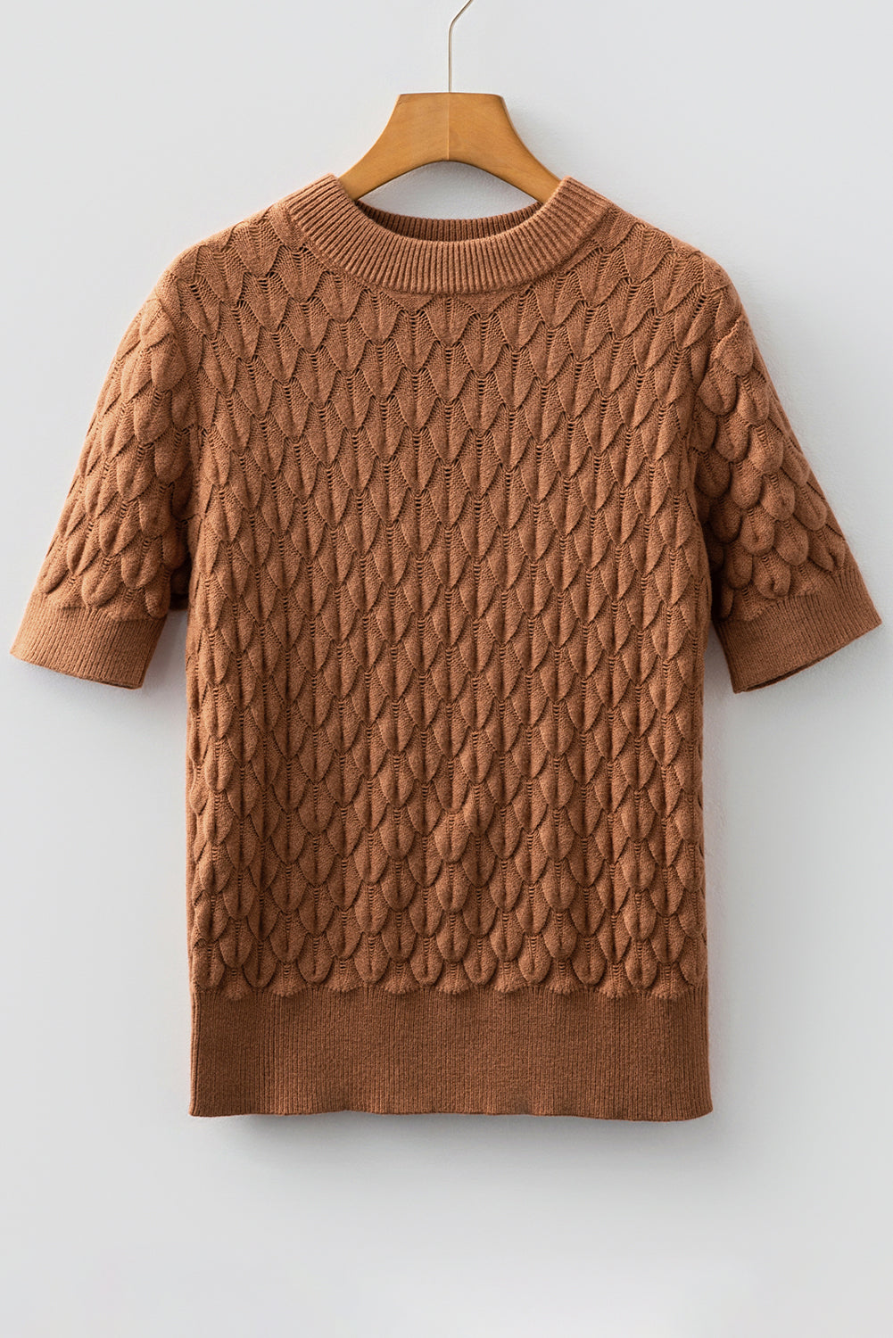 KaleaBoutique Comfortable Fish Scale Textured Knit Ribbed Crew Neck Short Sleeve Sweater - KaleaBoutique.com