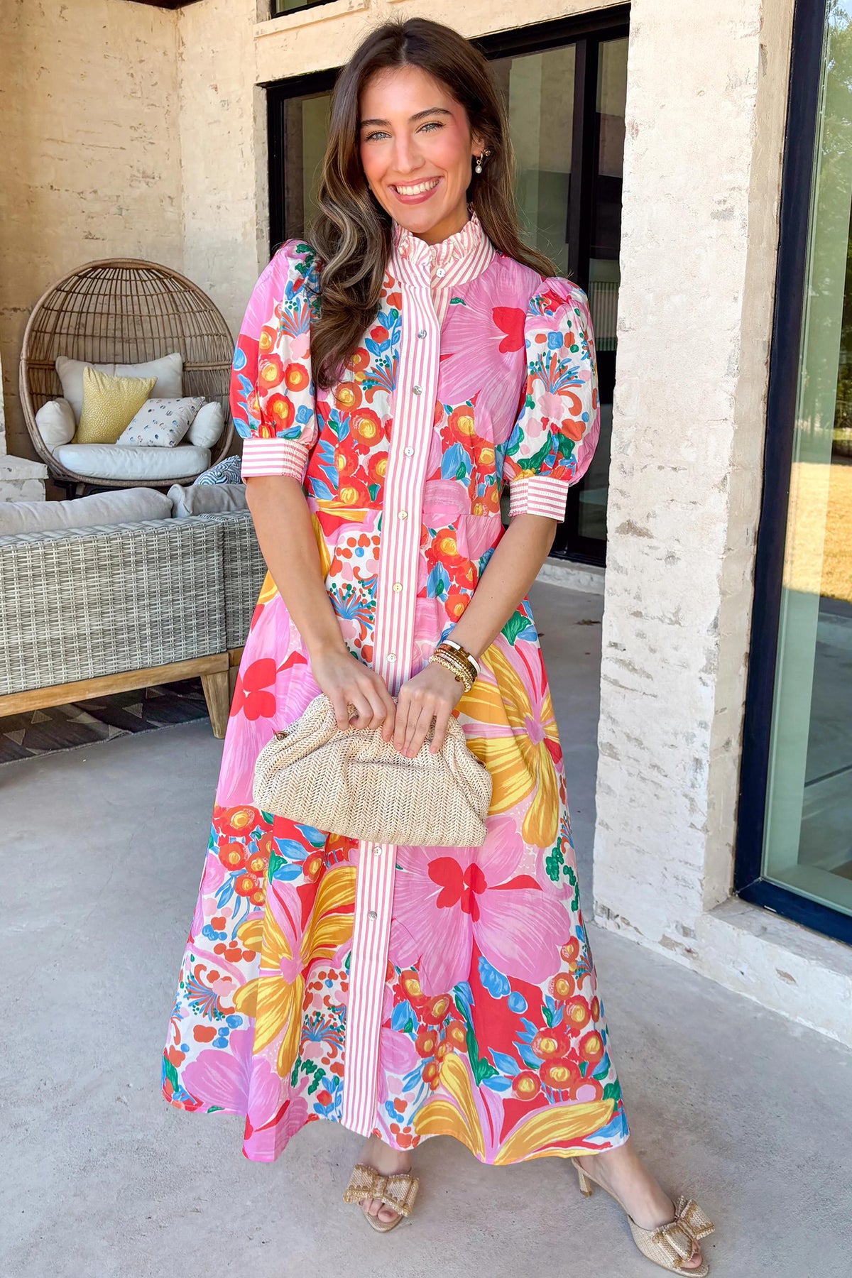 KaleaBoutique Stylish Floral Print Striped Trim Button Down Short Sleeve Vacation Dress - KaleaBoutique.com