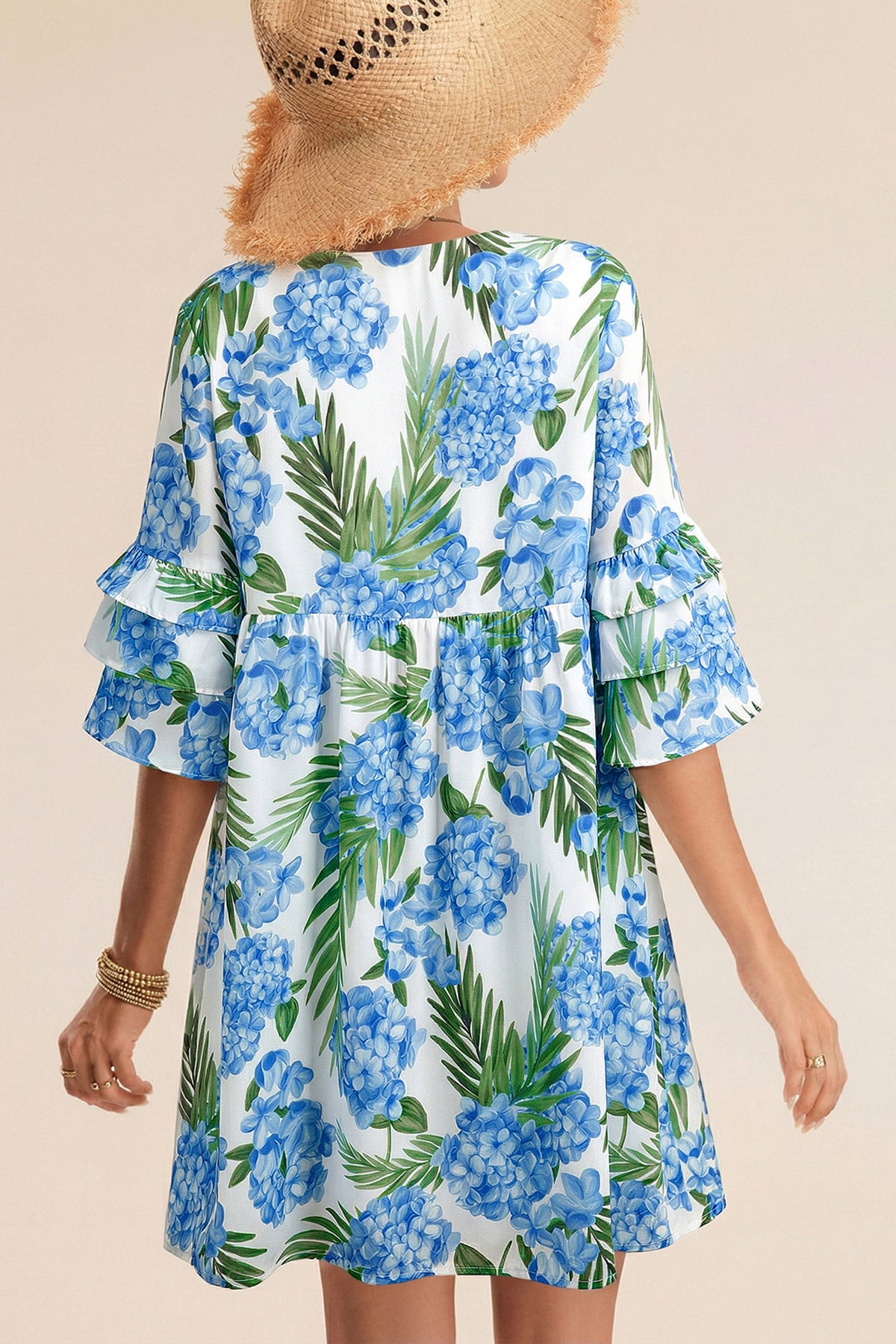 KaleaBoutique Comfortable Palm Floral Print Contrast Ribbon Knot Ruffle Tiered Sleeve Mini Dress - KaleaBoutique.com