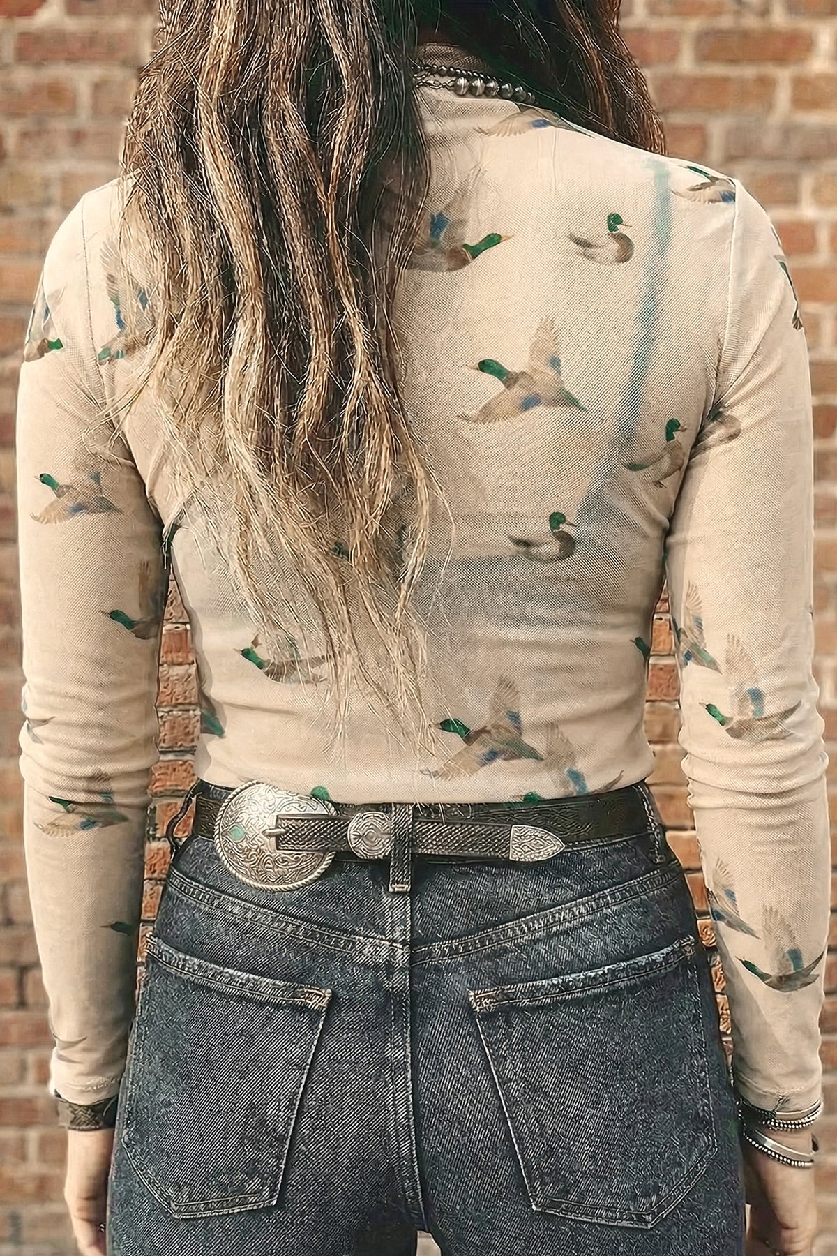 KaleaBoutique Stylish High Neck Western Print Mesh Sheer Long Sleeve Top - KaleaBoutique.com