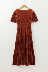 KaleaBoutique Stylish Velvet Short Sleeve Shirred Waist Tiered Maxi Dress - KaleaBoutique.com